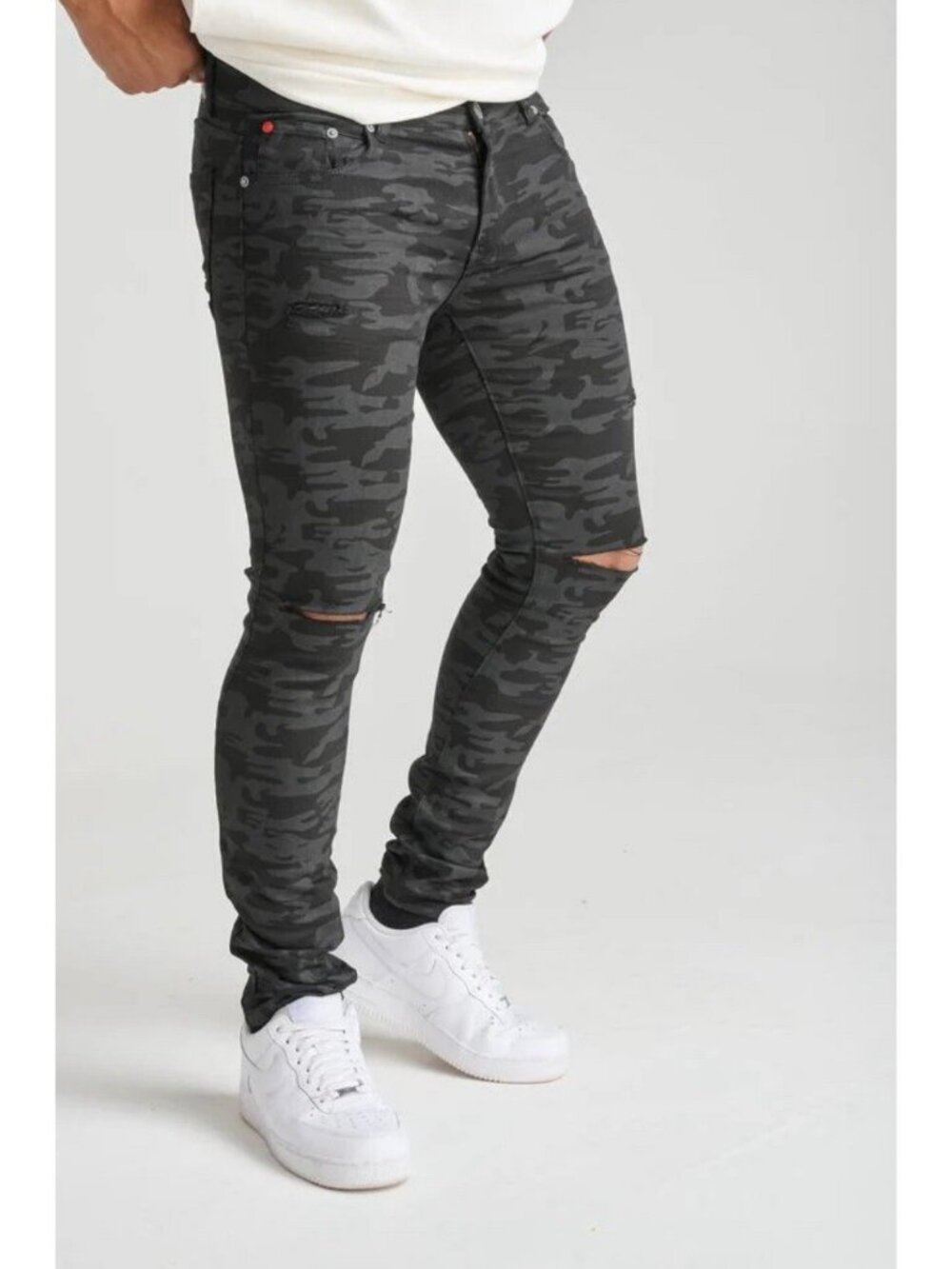 SPARK Denim Mens 34x32 Black Camouflage Stretch Slim Jean Skinny Pants Ripped
